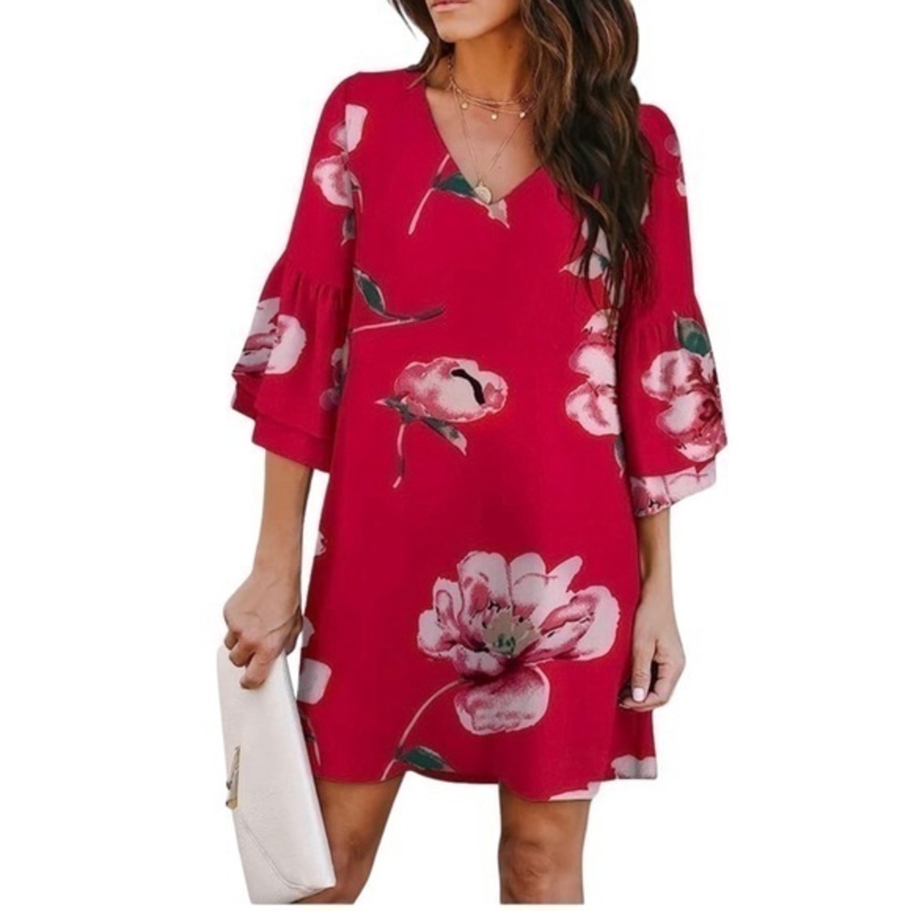 Vibrant Red Floral Bell Sleeve Shift Dress Mini V-Neck Tunic Size XL NWT